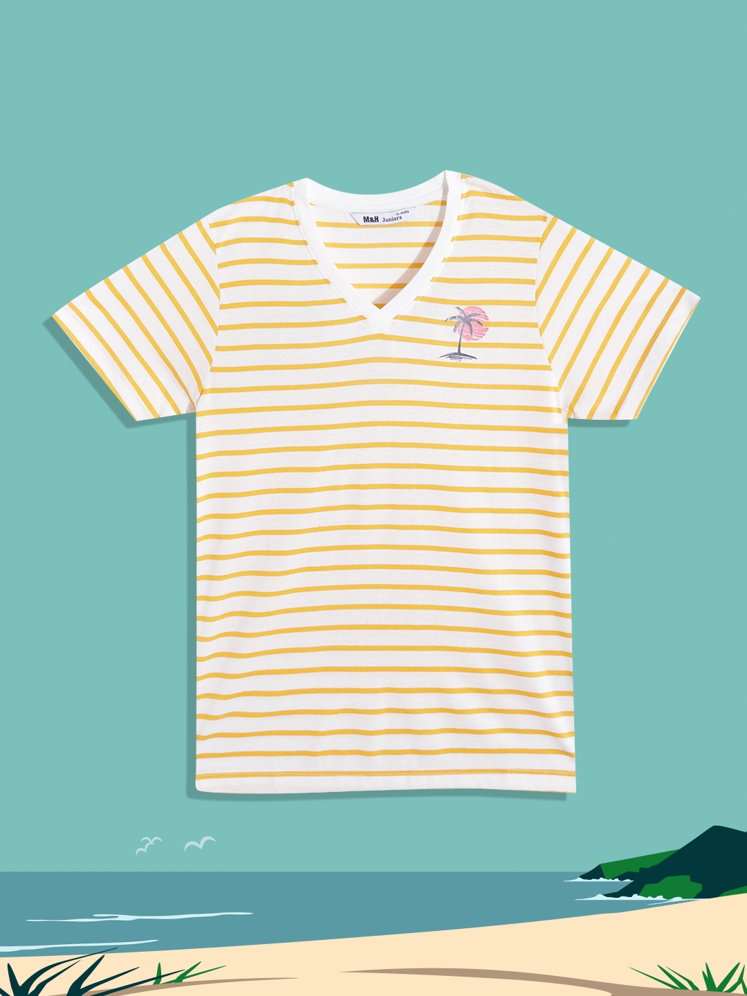 Buy M H Juniors Girls White Yellow Striped V Neck T Shirt