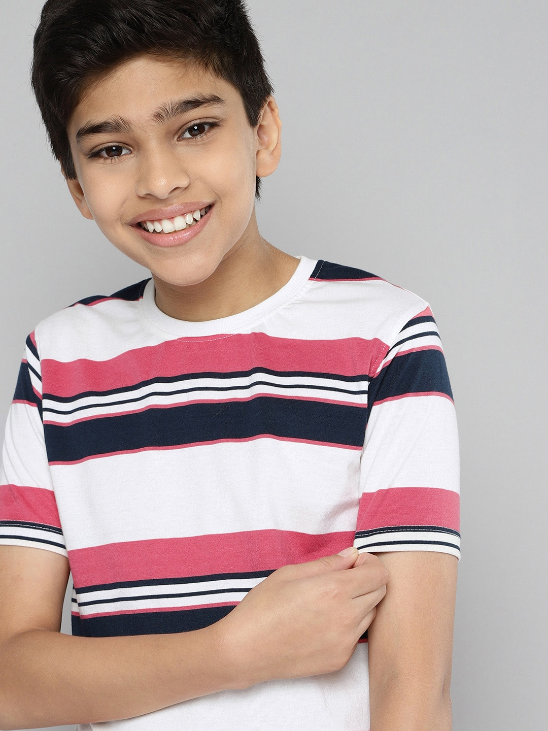 M&H Juniors Boys White & Navy Blue Pure Cotton Striped T-shirt