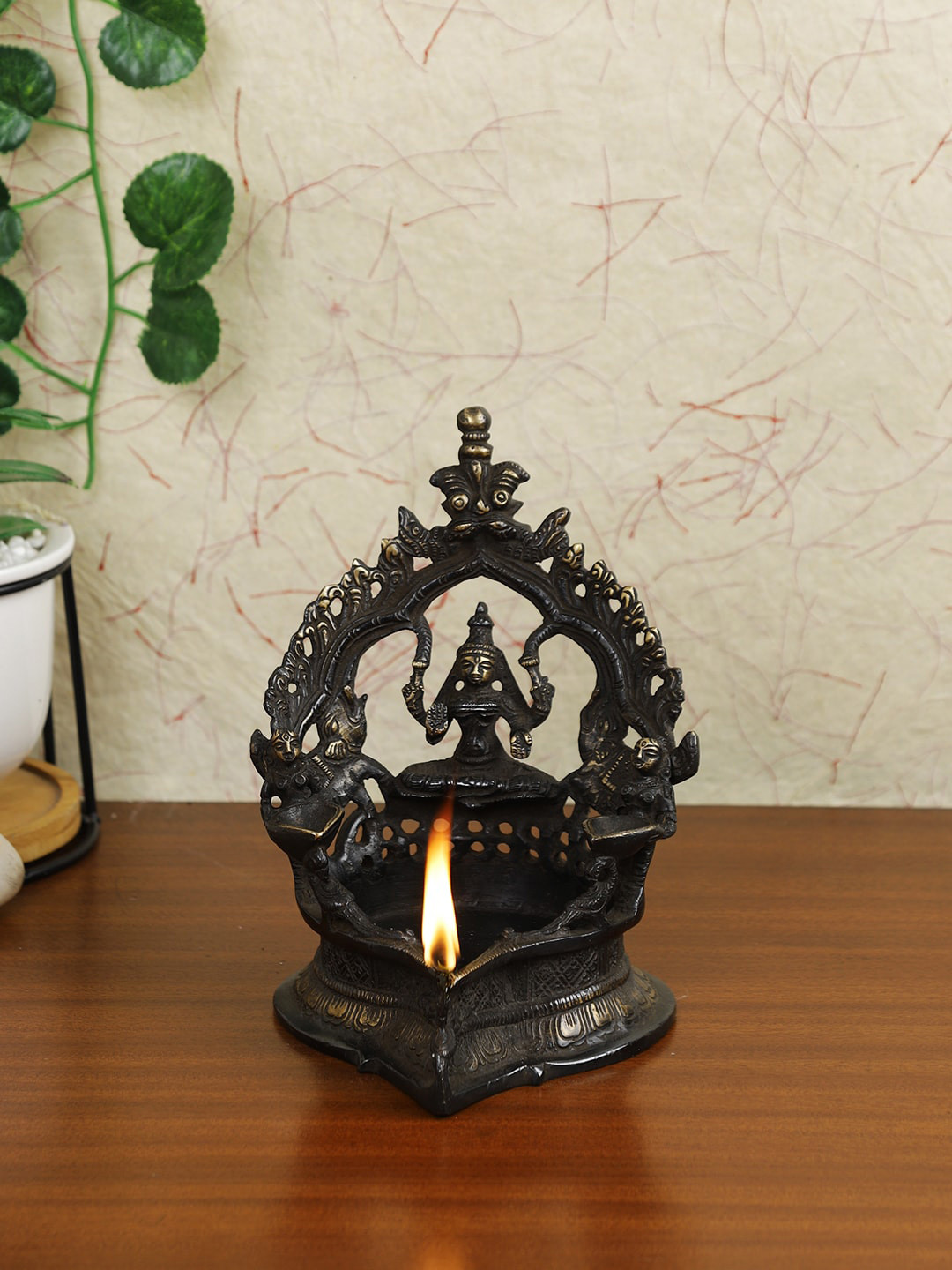 Imli Street Diya with Deity Brown Brass Metallic Prayer Room Small Showpiece - 6.5 Inches