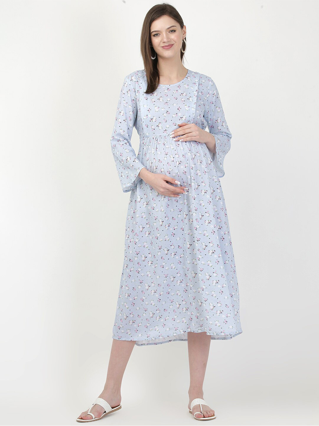 MYLO ESSENTIALS Women Blue Floral Pre & Post Maternity & Nursing Midi Dress