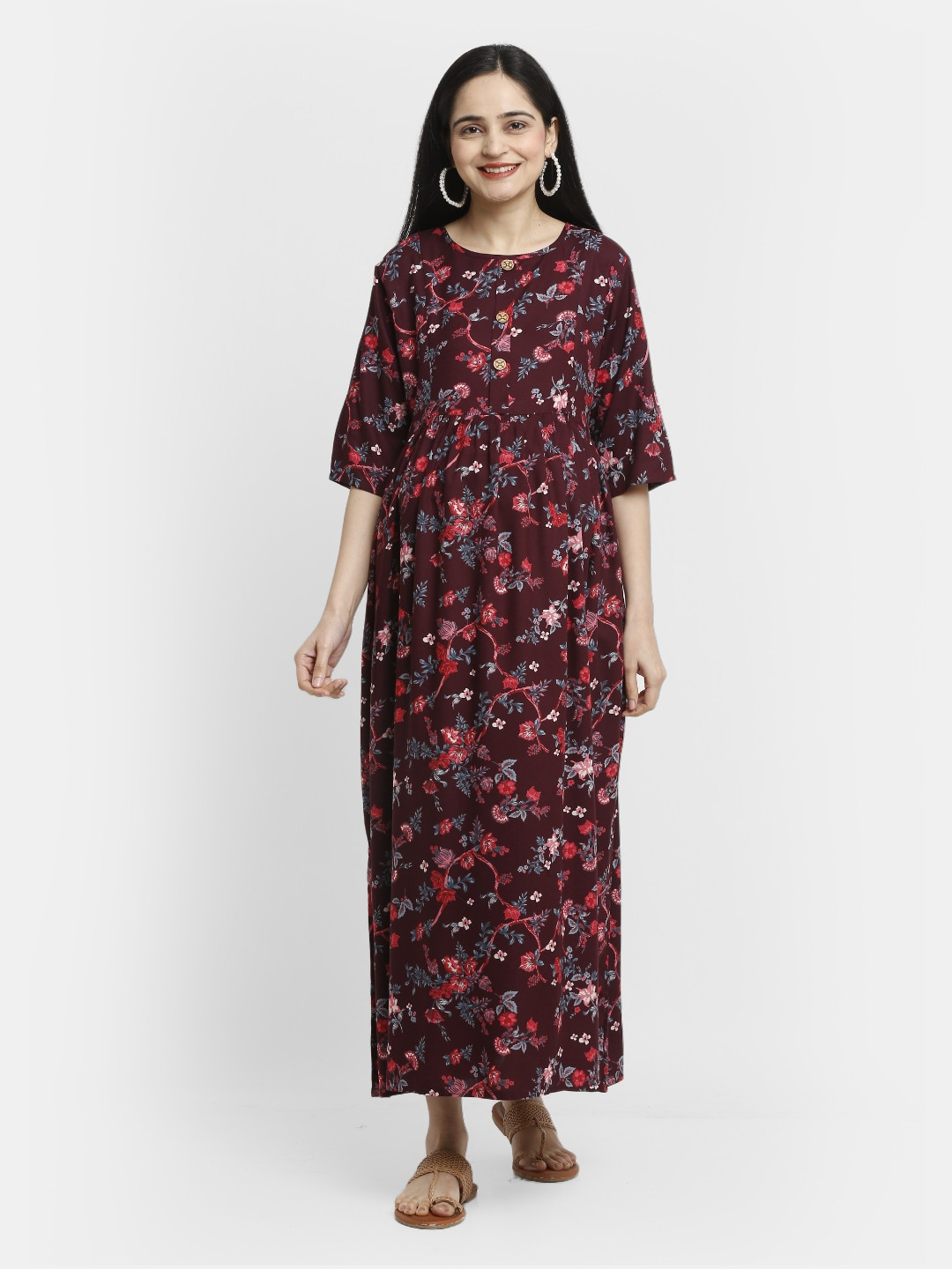 MYLO ESSENTIALS Women Red Floral Printed Maternity A-Line Maxi Dress