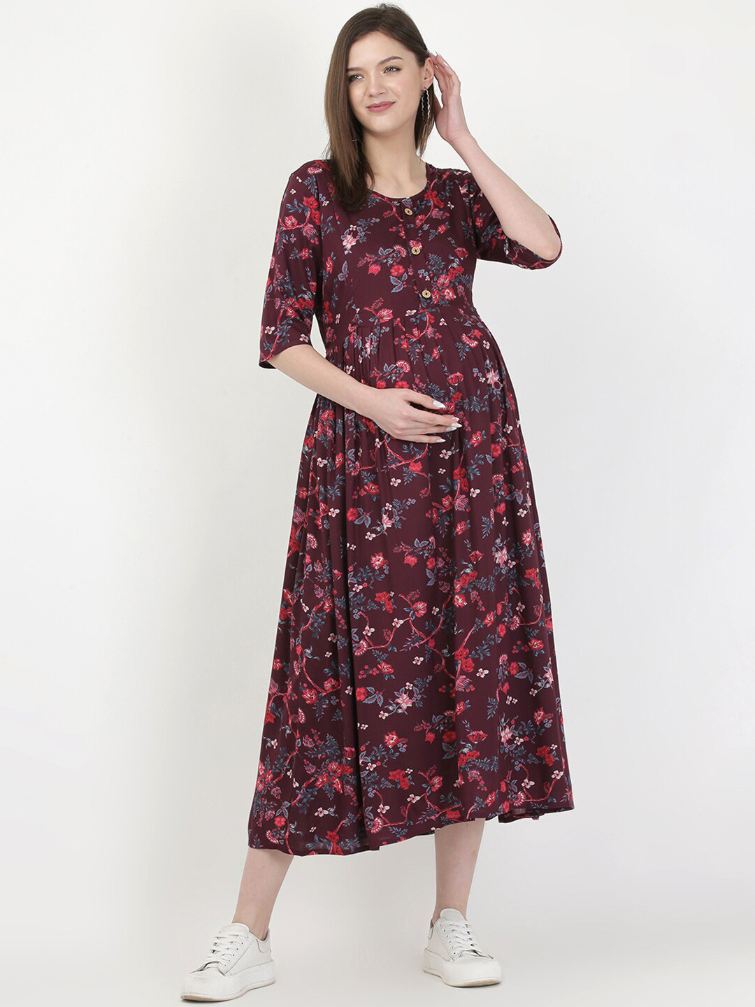 MYLO ESSENTIALS Maroon & Pink Floral Maternity Maxi Dress with both sides Zipper