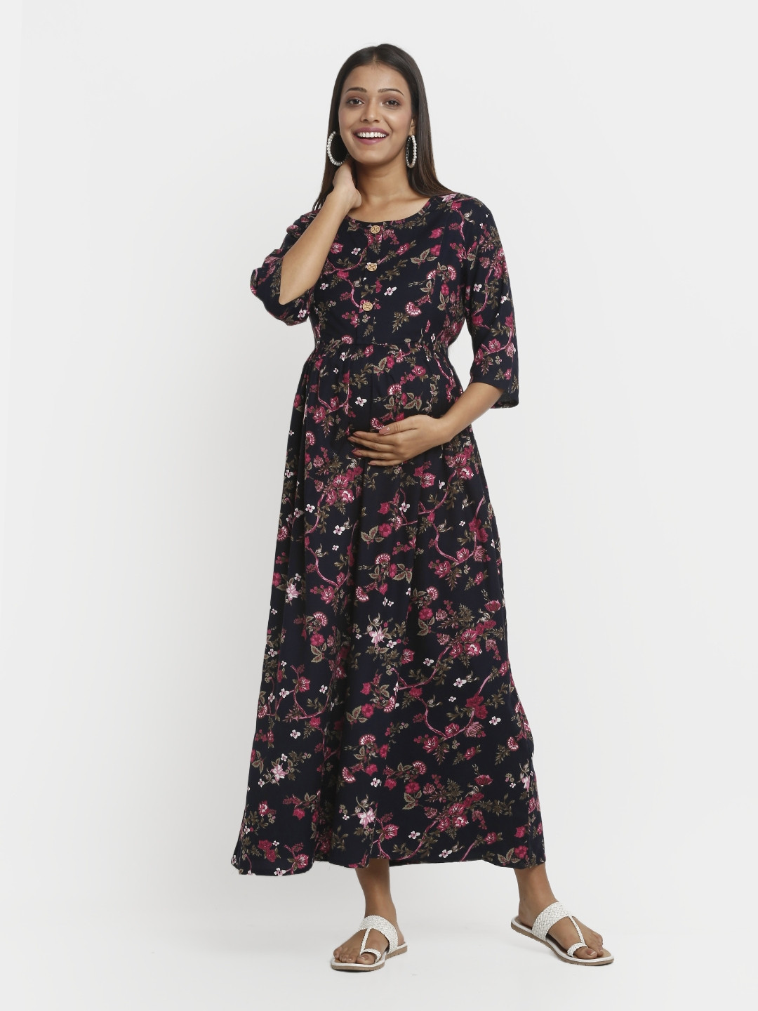 MYLO ESSENTIALS Women Navy Blue Floral Printed Maternity Maxi Dress