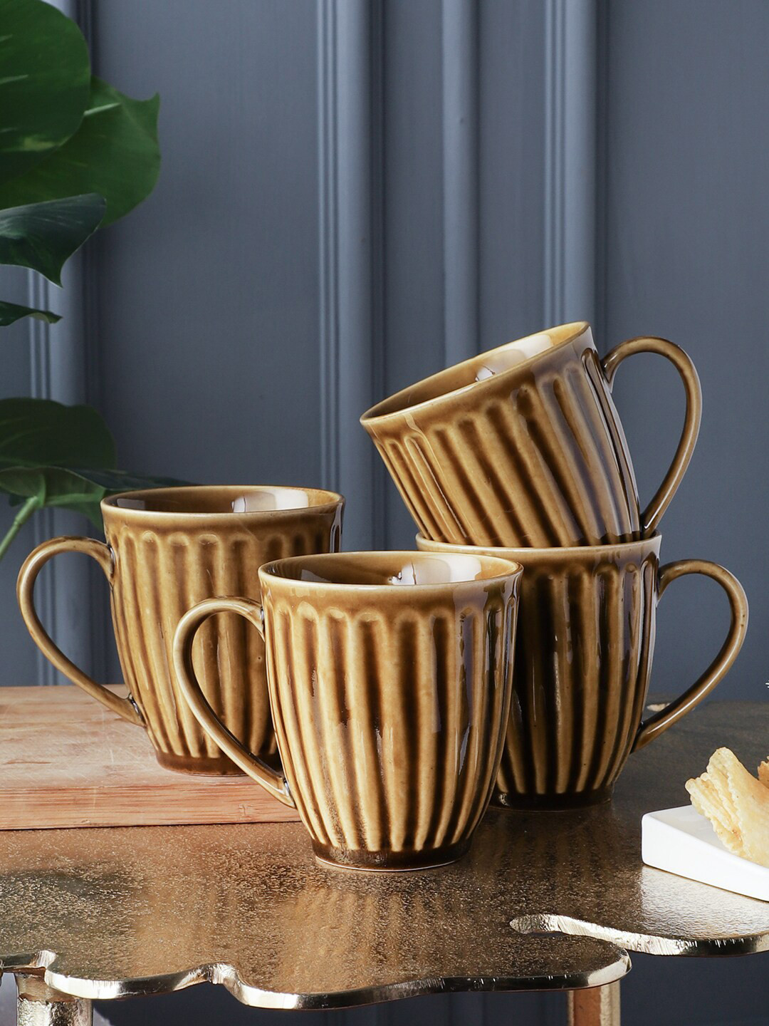 MIAH Decor Gift for Couples Brown Striped Ceramic Handmade 4 Piece Mugs-350ml