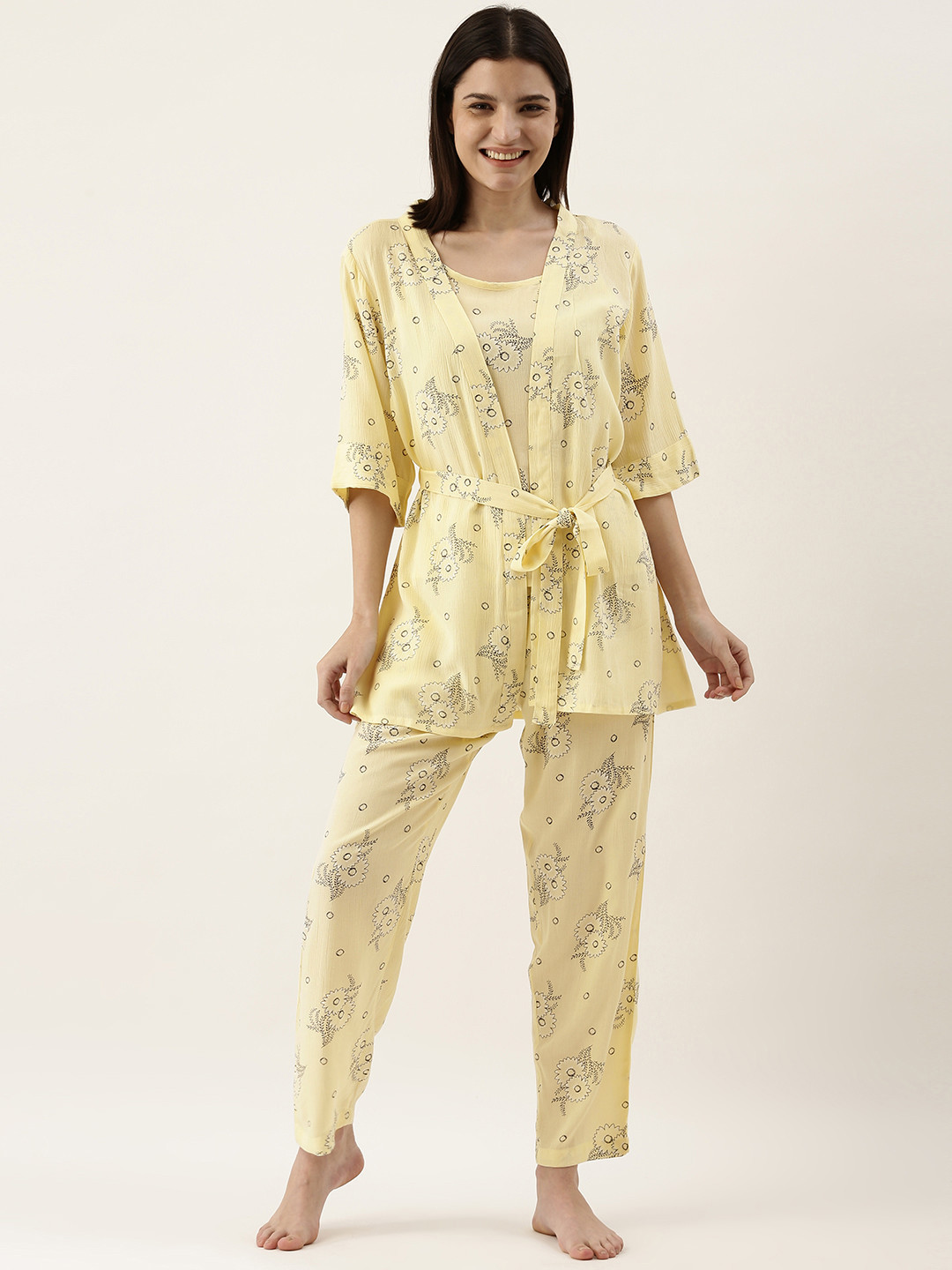 SANSKRUTIHOMES Women Yellow & Black Floral Printed Pyjama Set