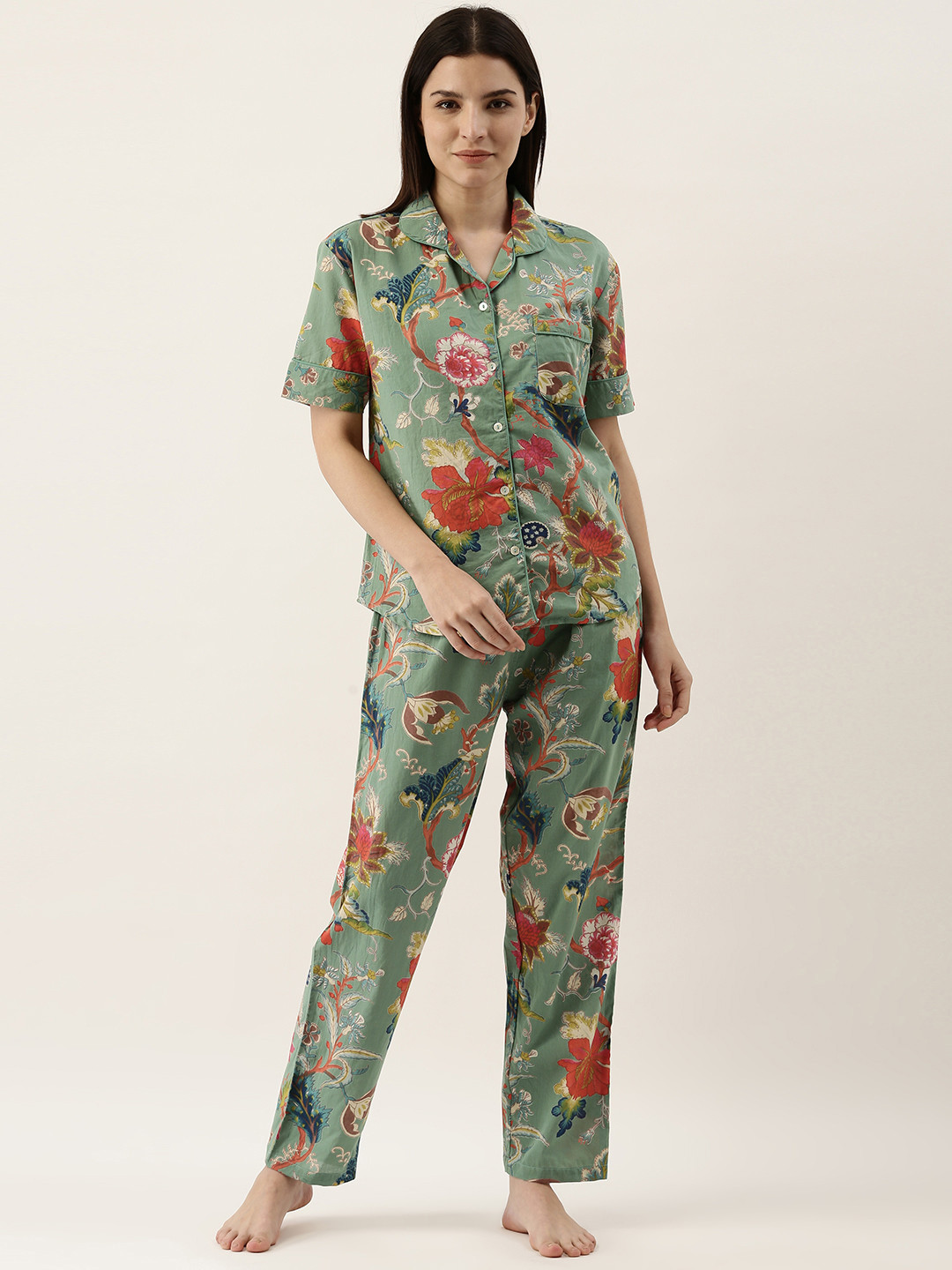 SANSKRUTIHOMES Women Green & Red Pure Cotton Floral Printed Pyjama Set