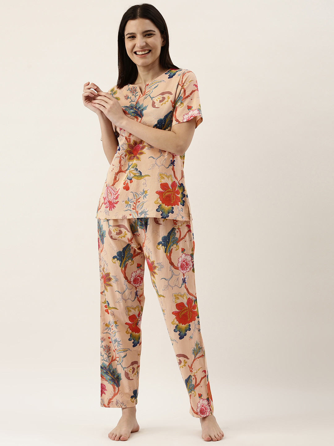 SANSKRUTIHOMES Women Beige Pure Cotton Floral Print Pyjama Set