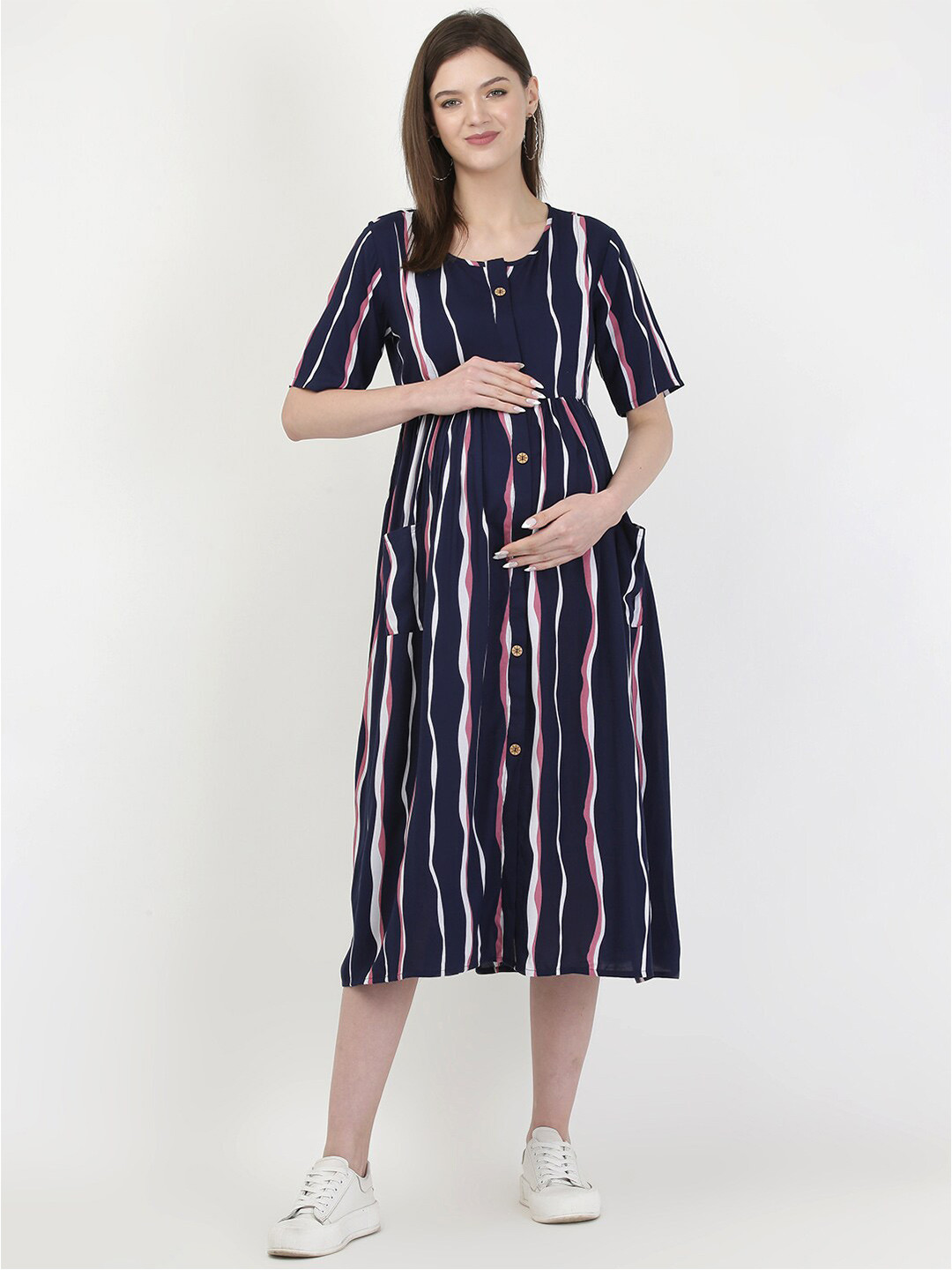 MYLO ESSENTIALS Navy Blue & White Maternity & Nursing A-Line Maxi Dress