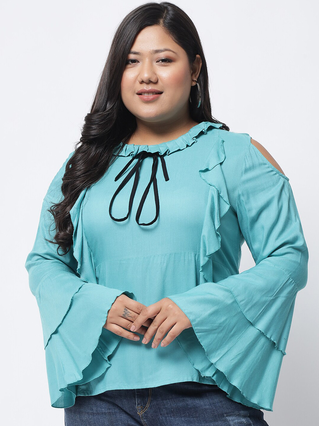 BEYOUND SIZE - THE DRY STATE Women Plus Size Blue Tie-Up Neck Ruffles Top
