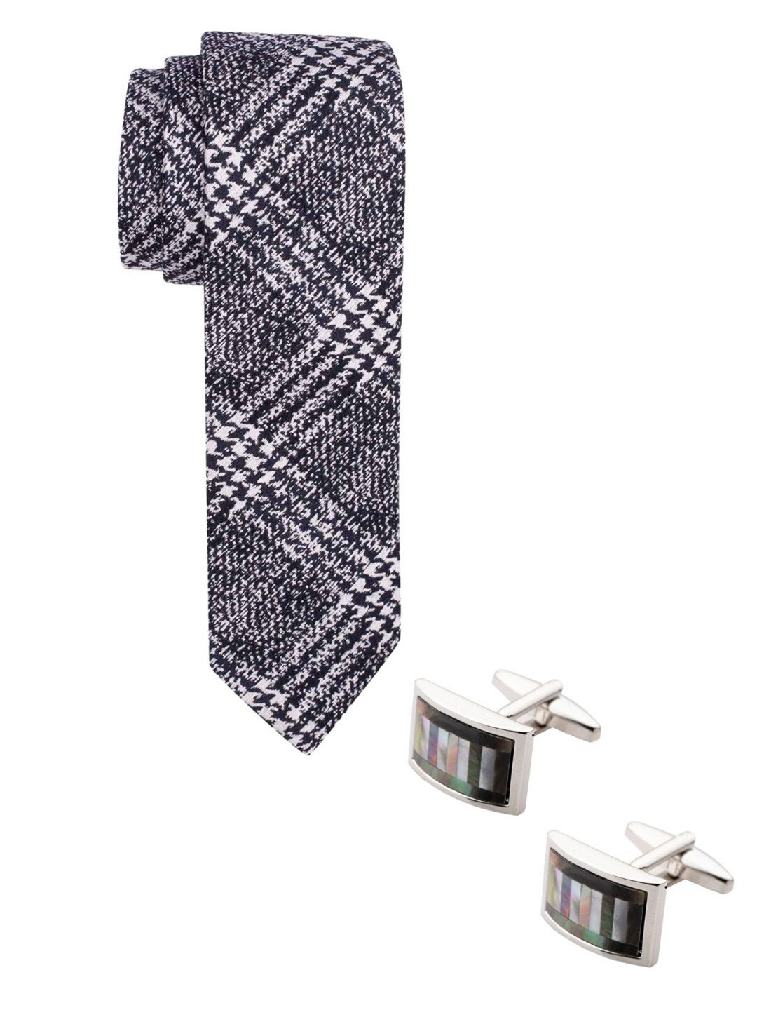 The Tie Hub Men Navy Blue & White Tie & Cufflink