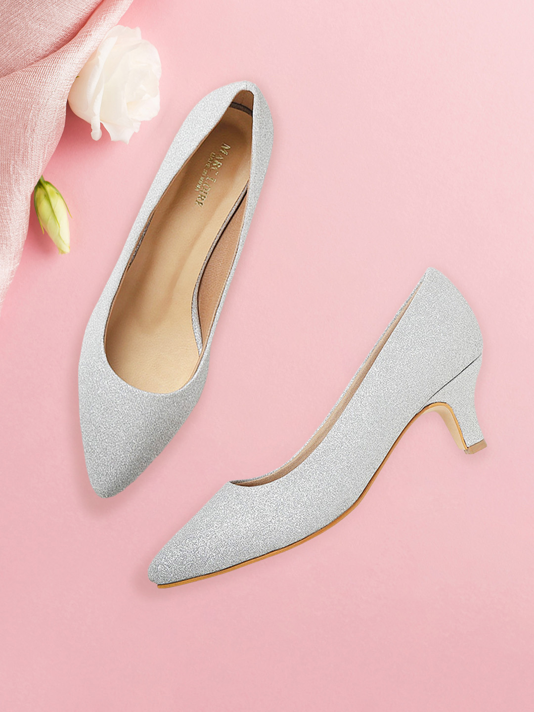 Marc Loire Silver-Toned Embellished PU Kitten Pumps