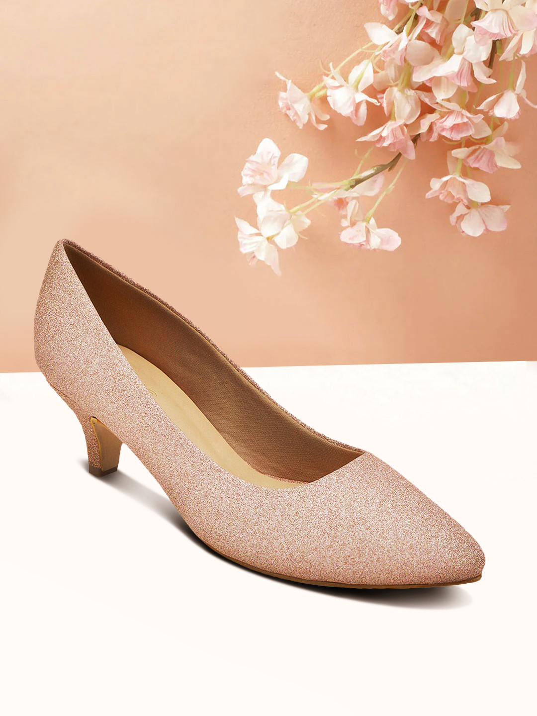 Marc Loire Women Rose Gold PU Embellished Kitten Pumps