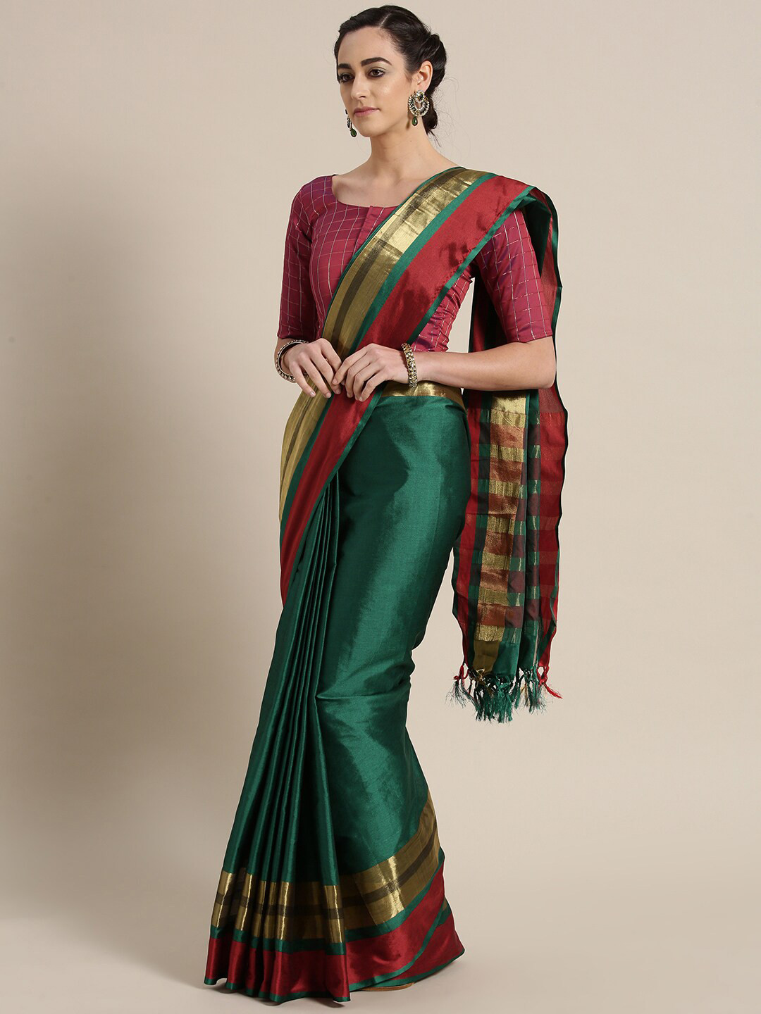KALINI Green & Maroon Zari Art Silk Saree