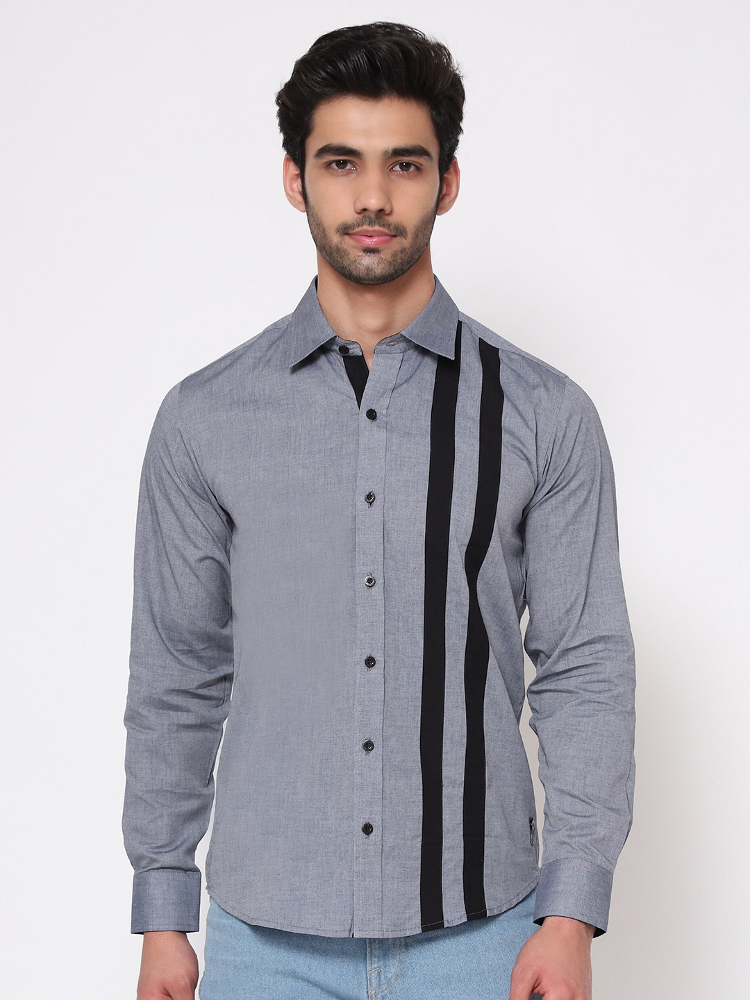 SHIRT THEORY Men Grey Striped Casual Shirt