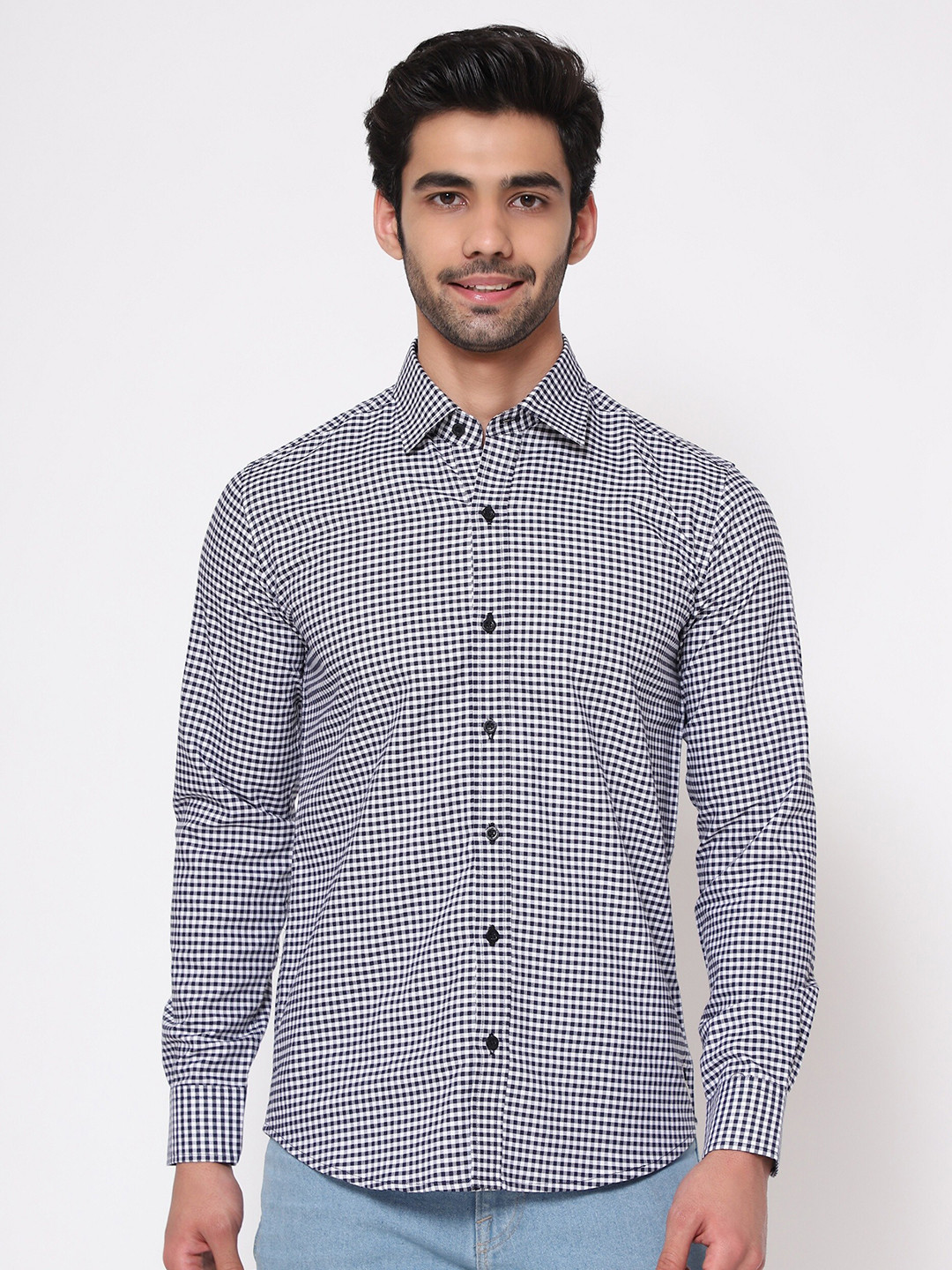 SHIRT THEORY Men Navy Blue Micro Checks Checked Casual Shirt