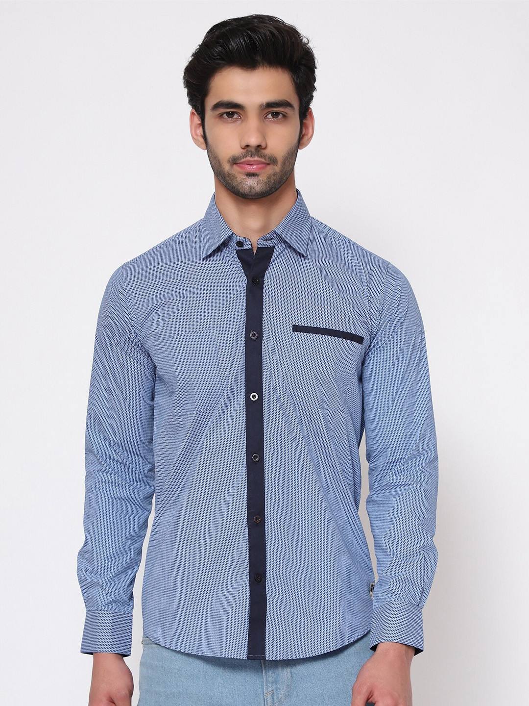 SHIRT THEORY Men Blue Micro Checks Striped Casual Shirt
