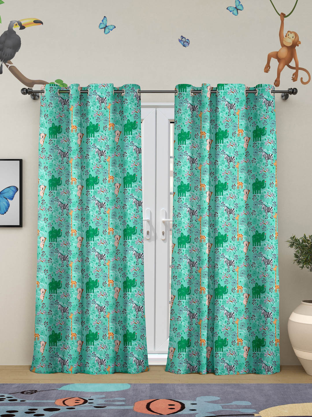 ROSARA HOME Teal Blue Set Of 2 Abstract Print Long Door Curtain