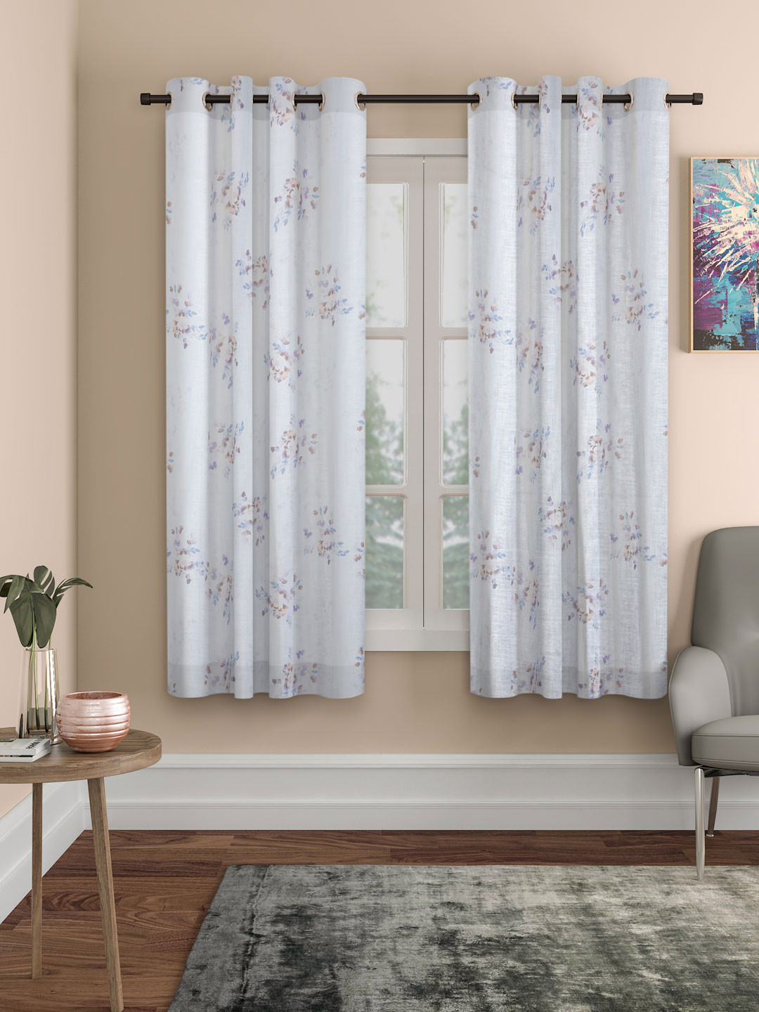 ROSARA HOME Set of 2 Grey & Brown Floral Regular Window Curtains