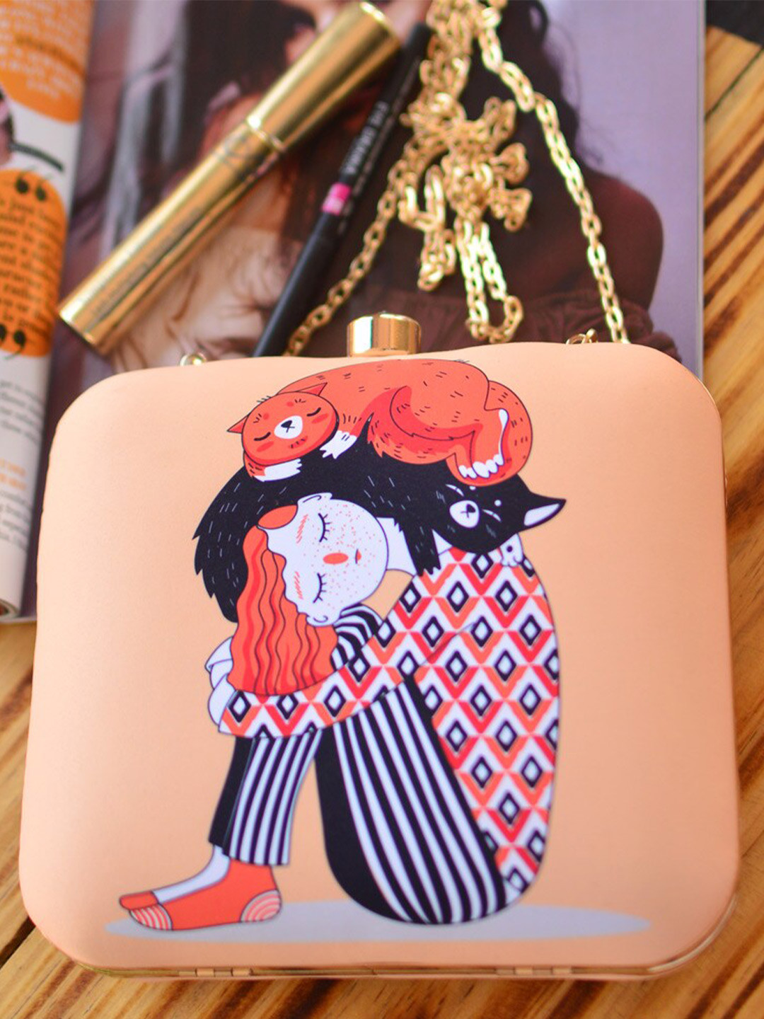 ARTKLIM Peach-Coloured & White Printed Box Clutch