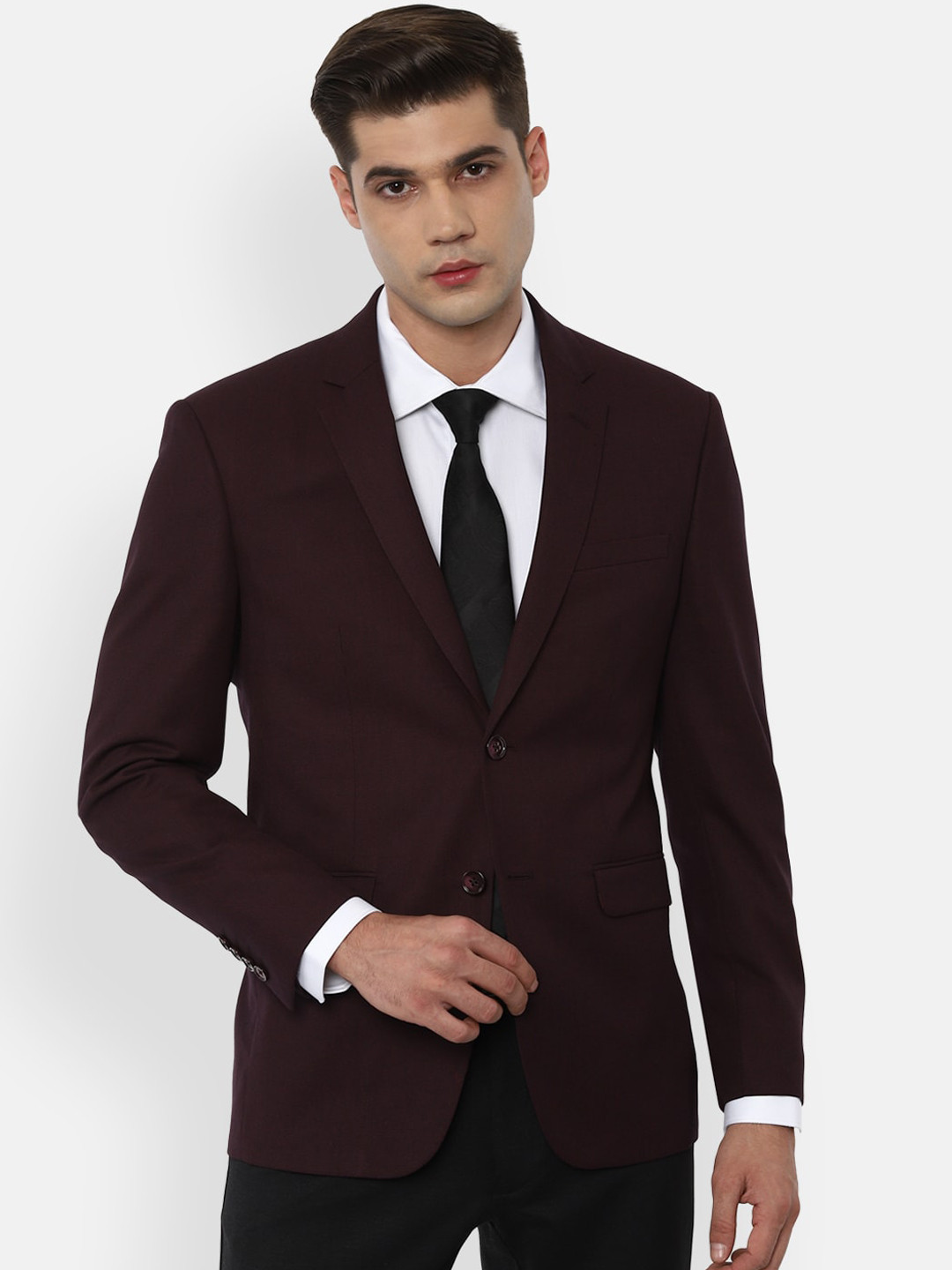 Louis Philippe Men Maroon Solid Single Breasted Slim Fit Blazer
