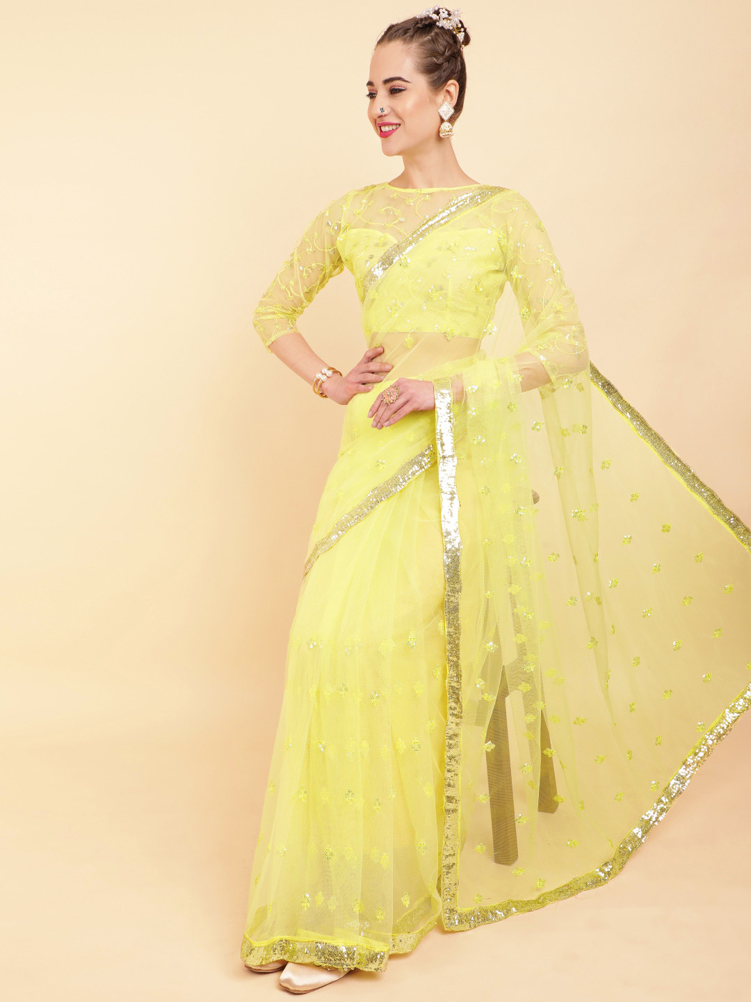 Sangria Yellow Batik Sequinned Supernet Saree