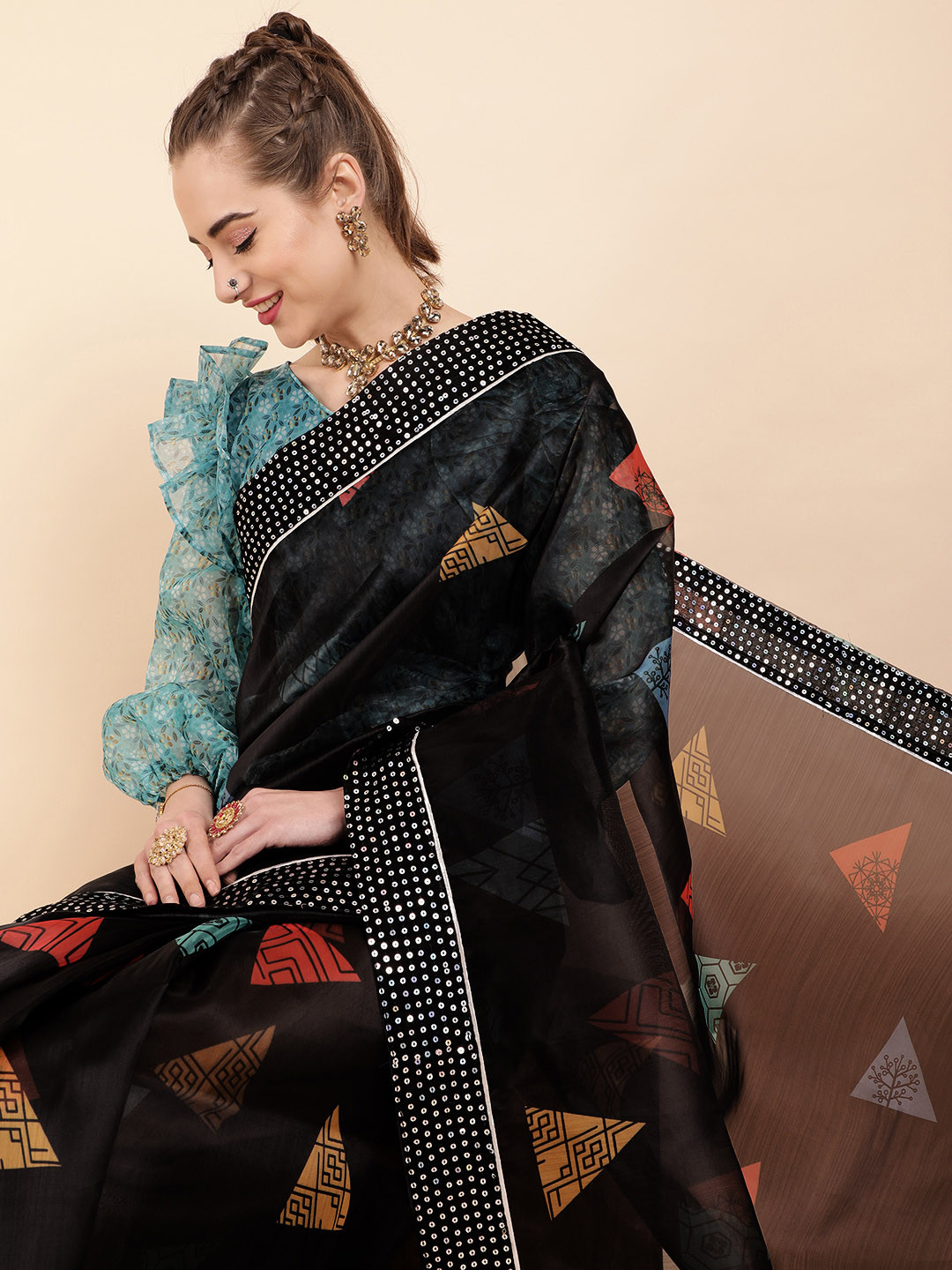 Sangria Black & Red Sequinned Organza Saree