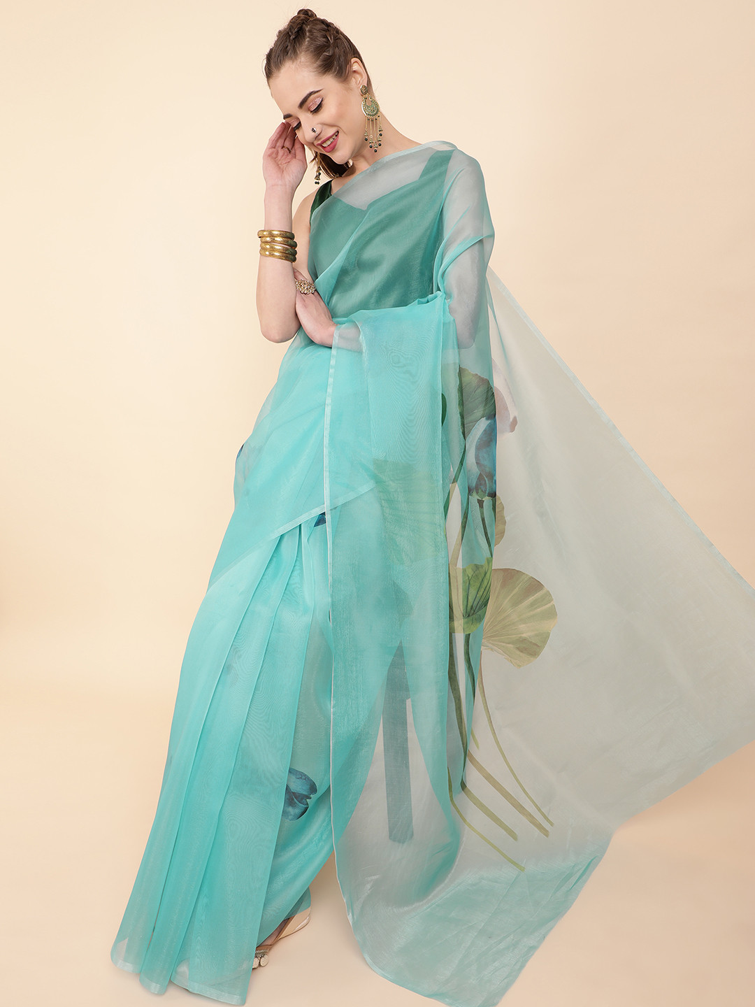 Sangria Sea Green Floral Organza Saree