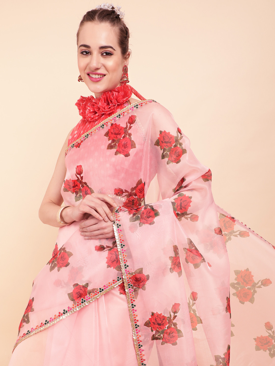 Sangria Rose & Pink Floral Sequinned Organza Saree