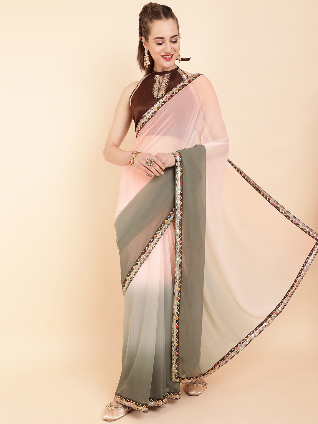 Sangria Women Rose & Green Embroidered Silk Cotton Saree