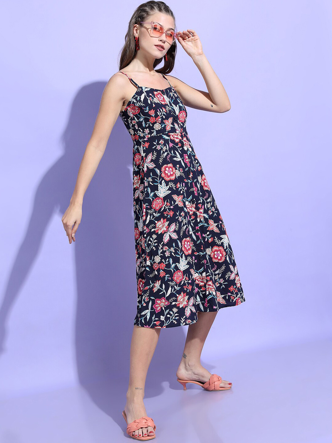 Tokyo Talkies Navy Blue Floral Midi Dress