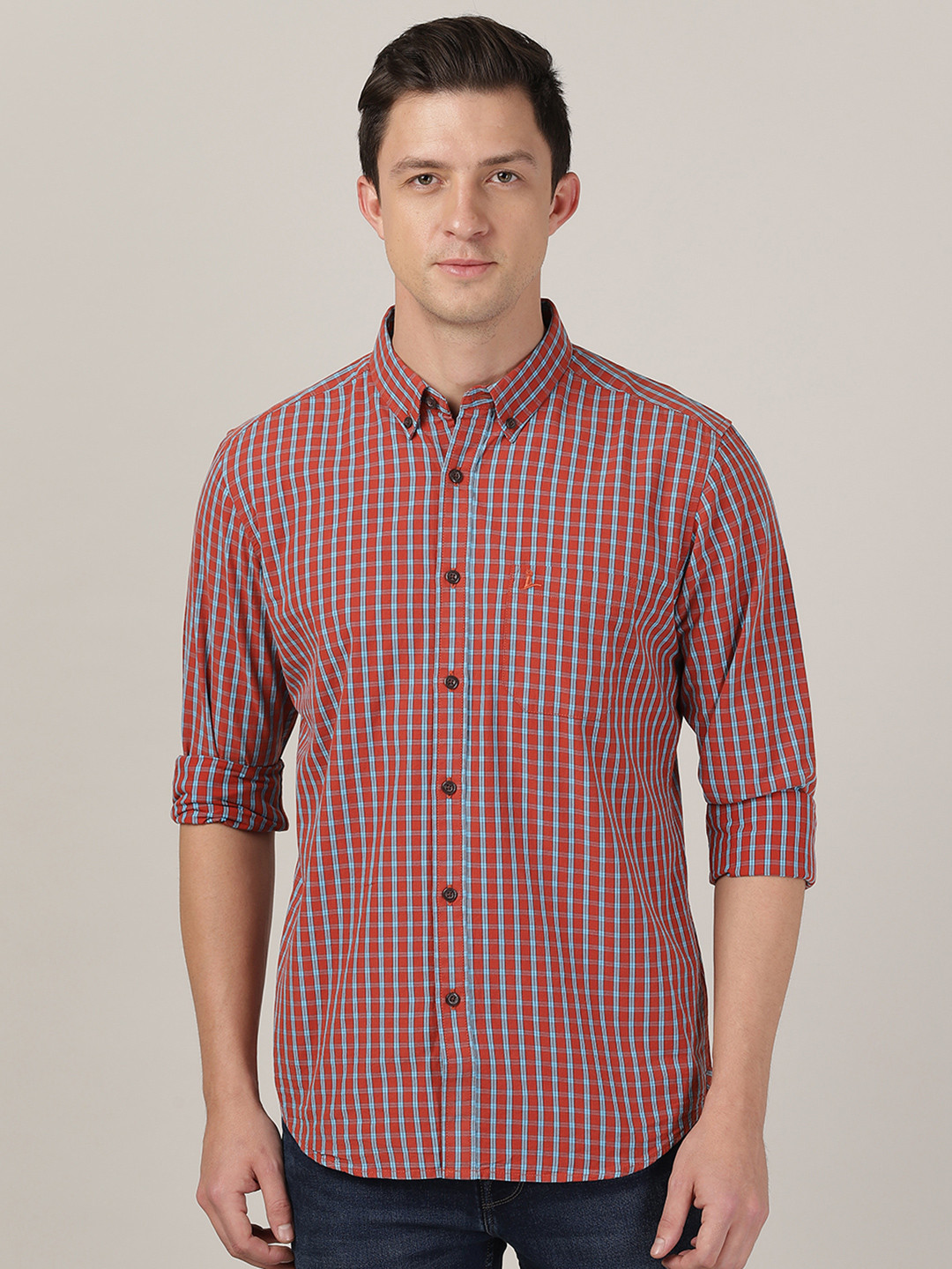 MERCHANT MARINE Men Red Classic Slim Fit Checked Cotton Casual Shirt