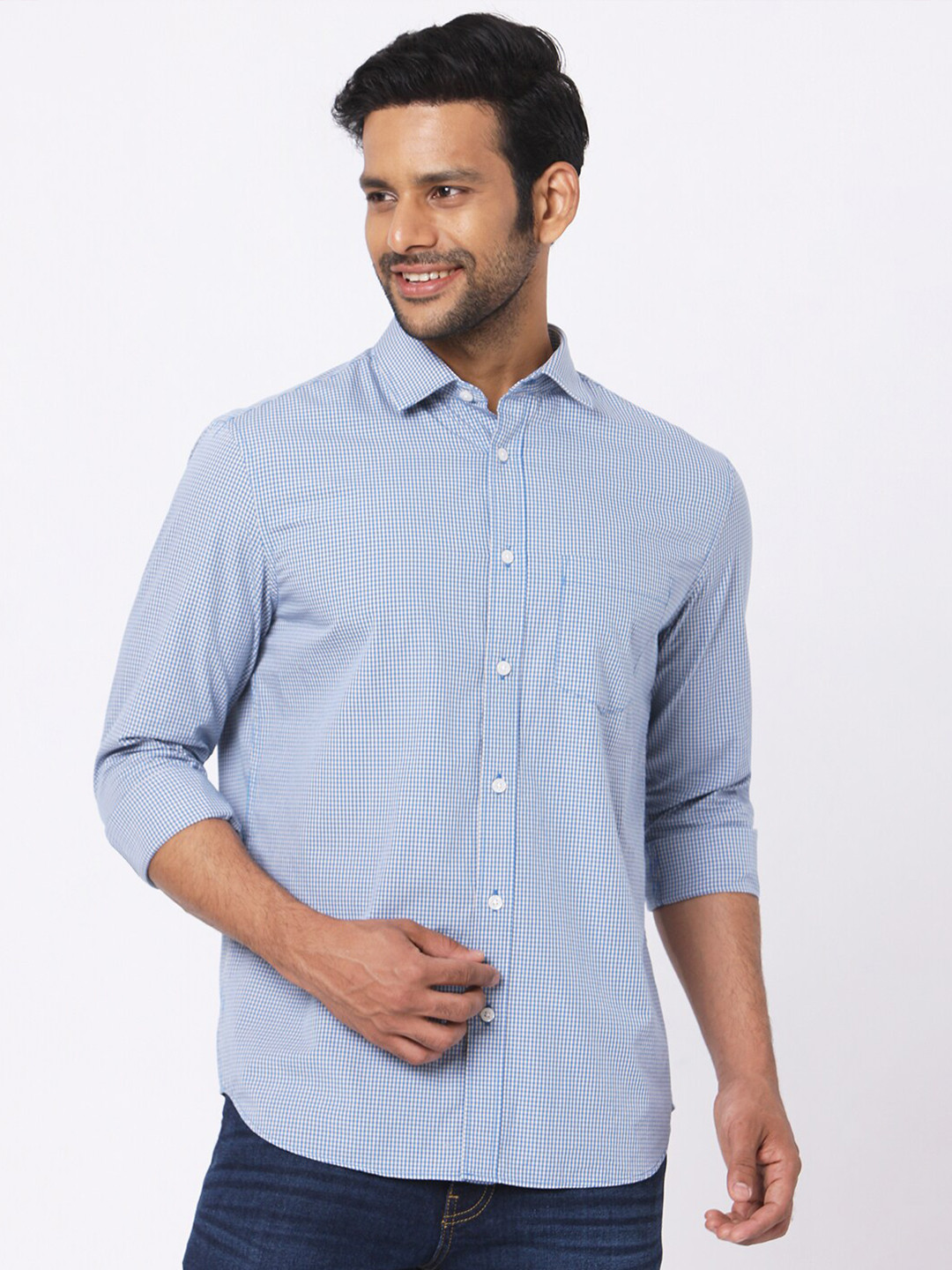 MERCHANT MARINE Men Grey Classic Tailored Fit Micro Checks Checked Cotton Casual Shirt