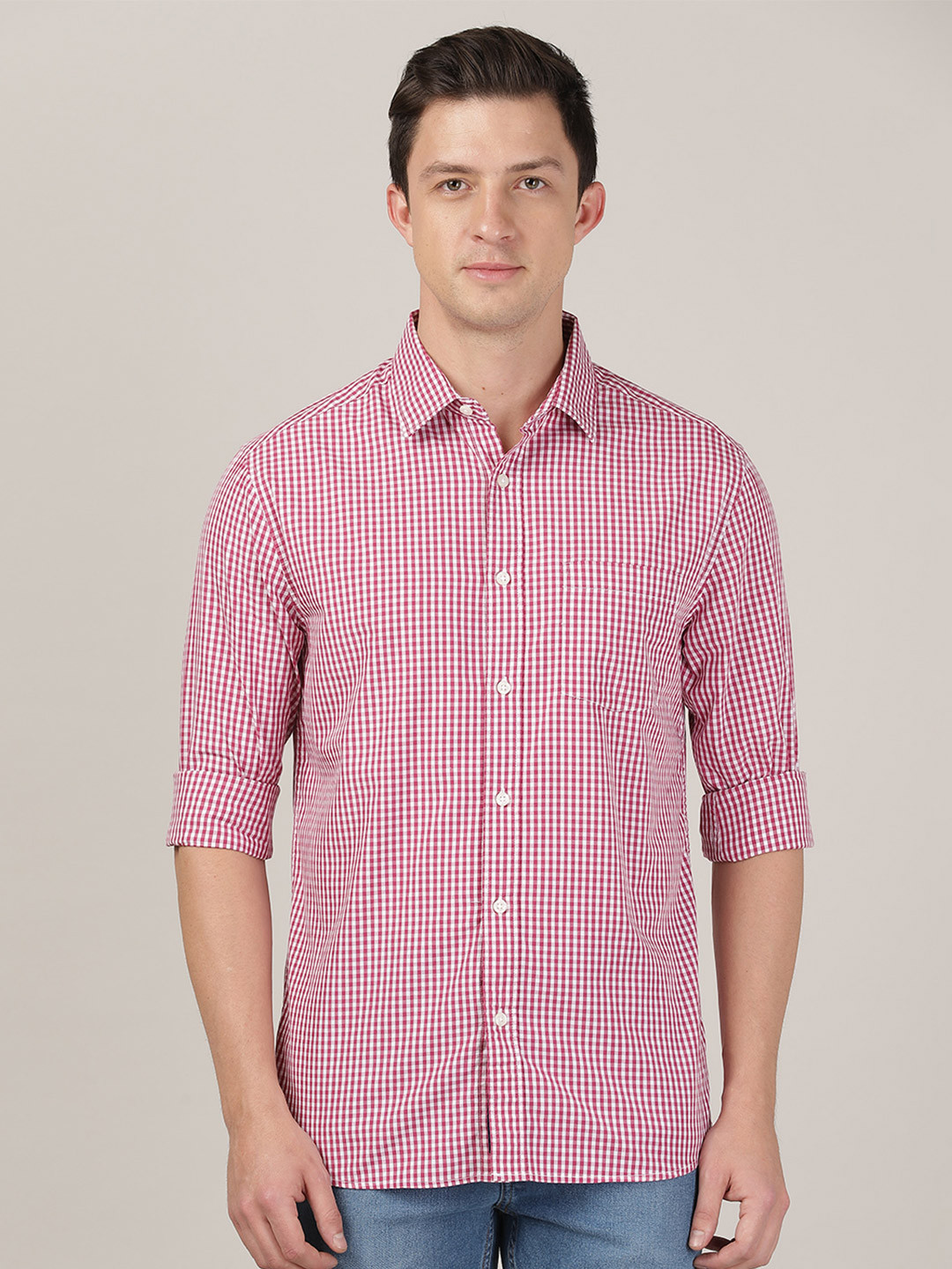 MERCHANT MARINE Men Red Classic Slim Fit Micro Checks Checked Cotton Casual Shirt