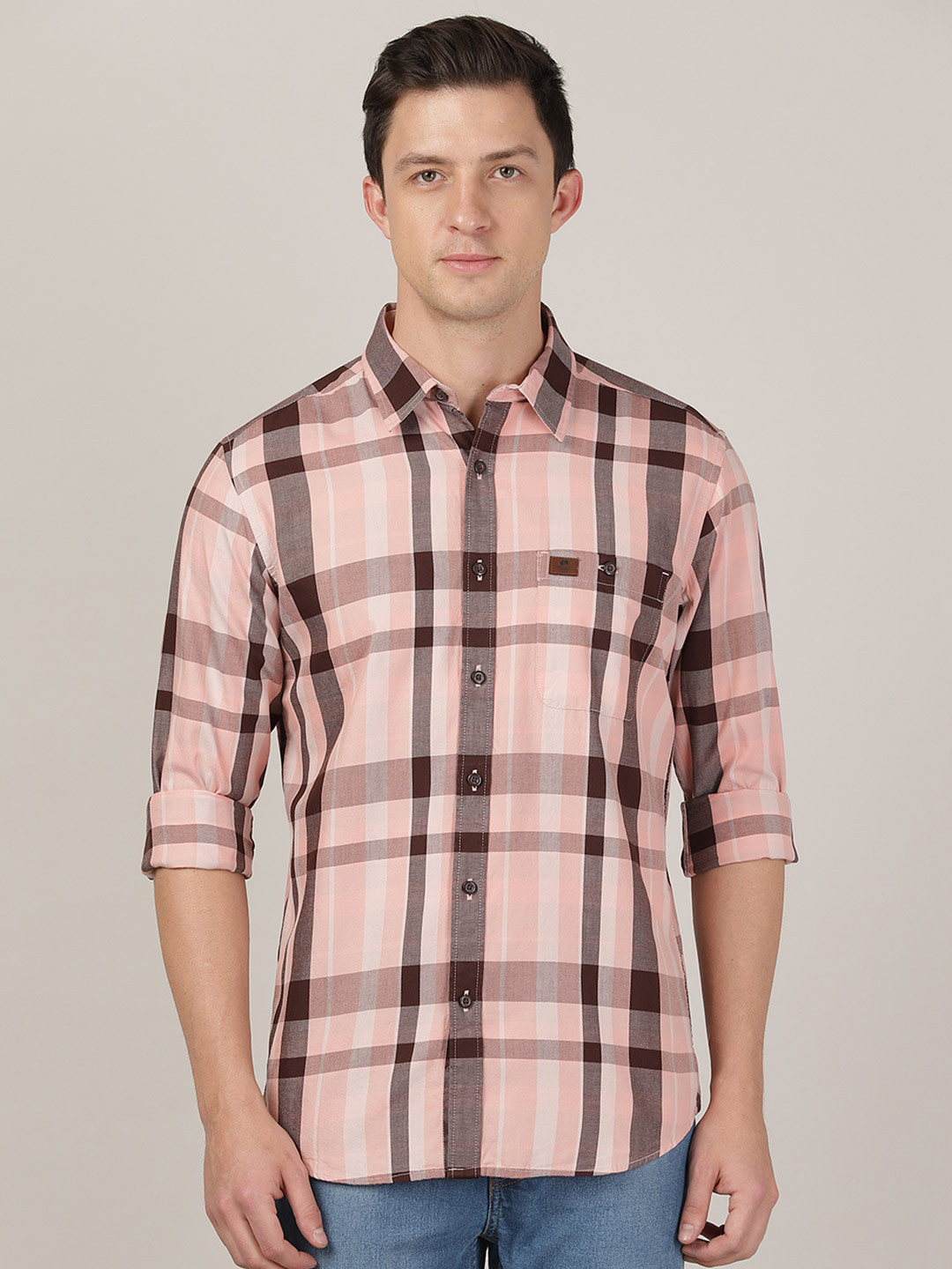 MERCHANT MARINE Men Pink Classic Slim Fit Tartan Checks Checked Casual Shirt