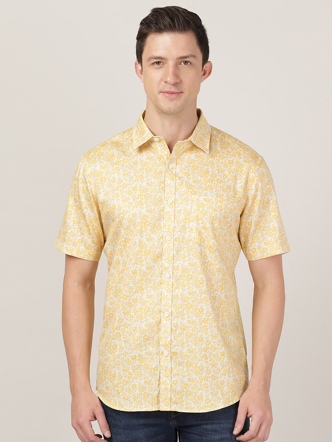MERCHANT MARINE Men Yellow Classic Slim Fit Floral Printed Casual Shirt