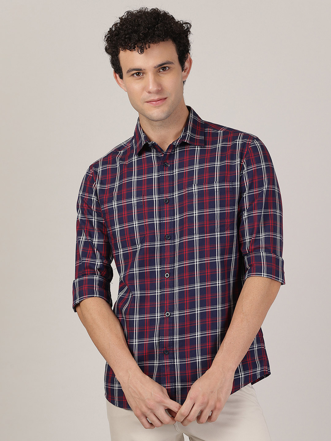 MERCHANT MARINE Men Navy Blue Classic Slim Fit Checked Cotton Casual Shirt