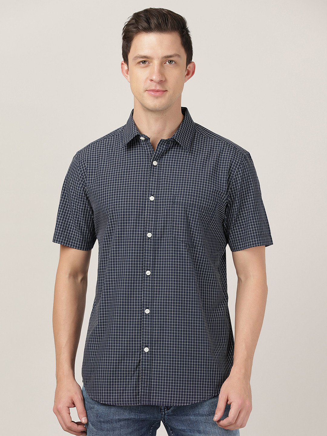 MERCHANT MARINE Men Navy Blue Classic Slim Fit Micro Checks Checked Cotton Casual Shirt