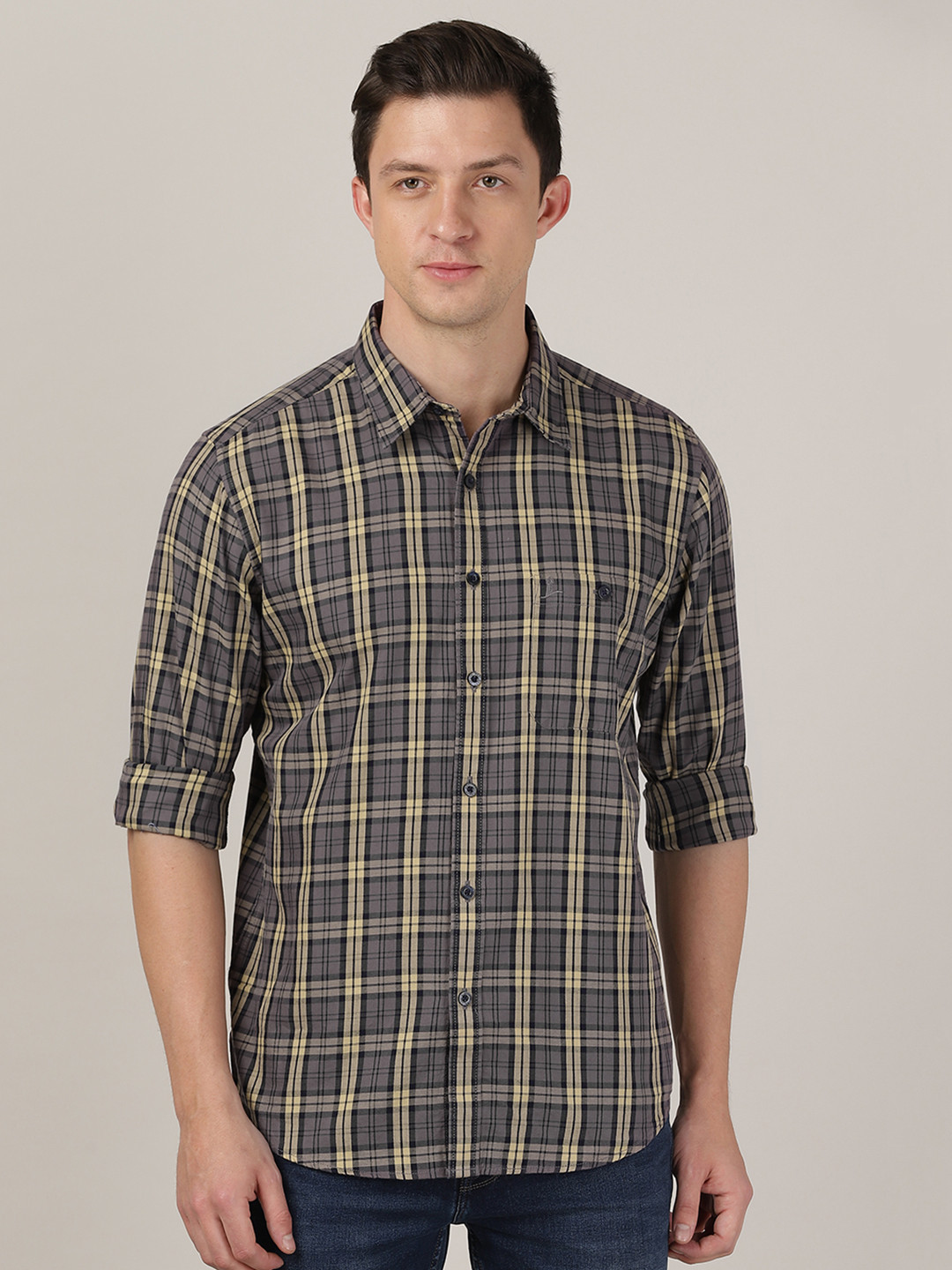 MERCHANT MARINE Men Grey Classic Slim Fit Tartan Checks Checked Cotton Casual Shirt