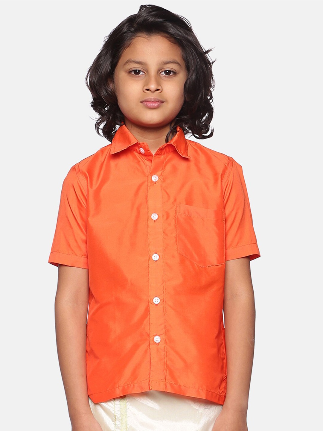 Sethukrishna Boys Orange Butter Silk Relaxed Casual Shirt