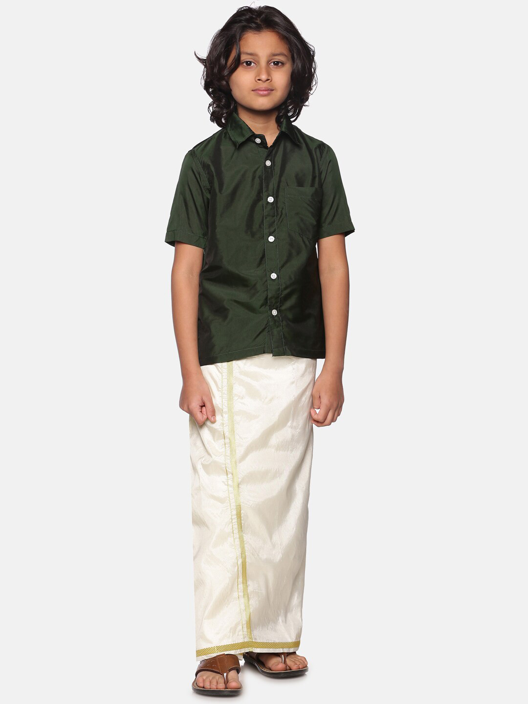 Sethukrishna Boys Olive Green & Off White Shirt with Dhoti