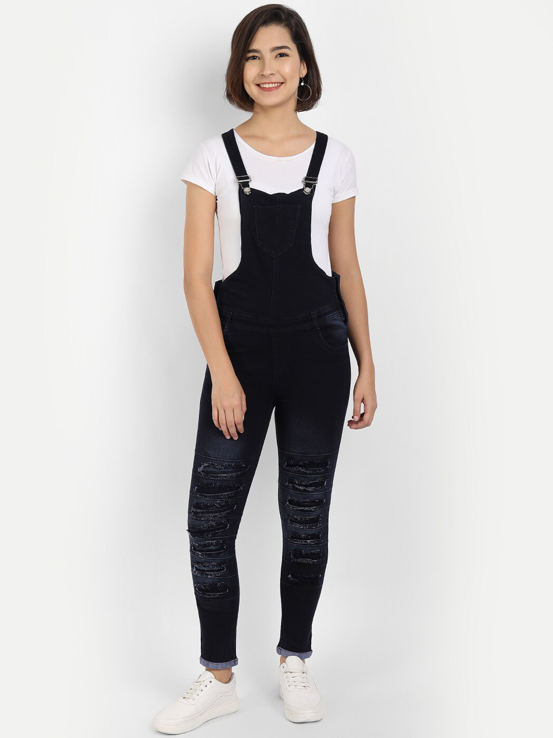 BROADSTAR Women Navy Blue Solid Skinny Fit Ankle-Length Dungaree