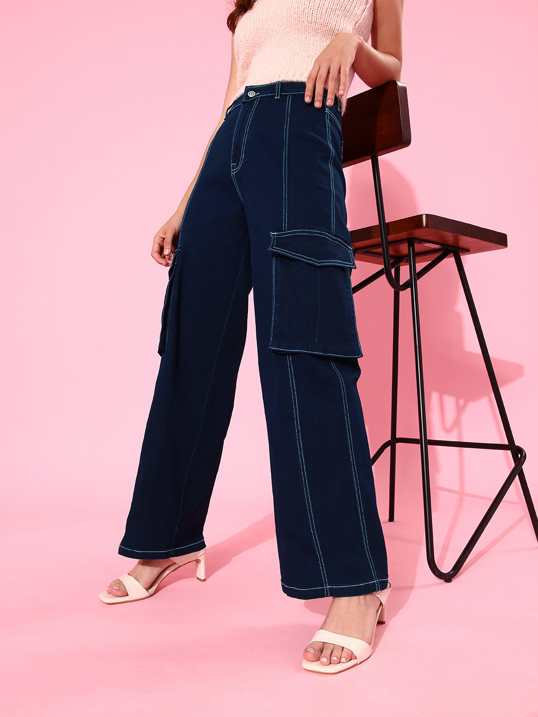 DOLCE CRUDO Women Navy Blue Wide Leg High-Rise Stretchable Jeans