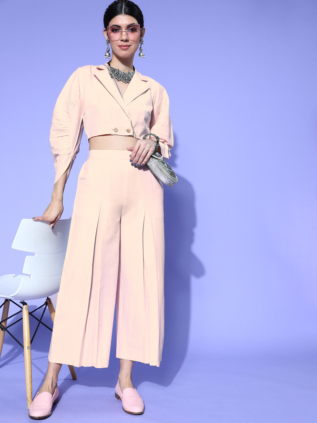 PANIT Women Charming Pink Solid Top with Palazzos