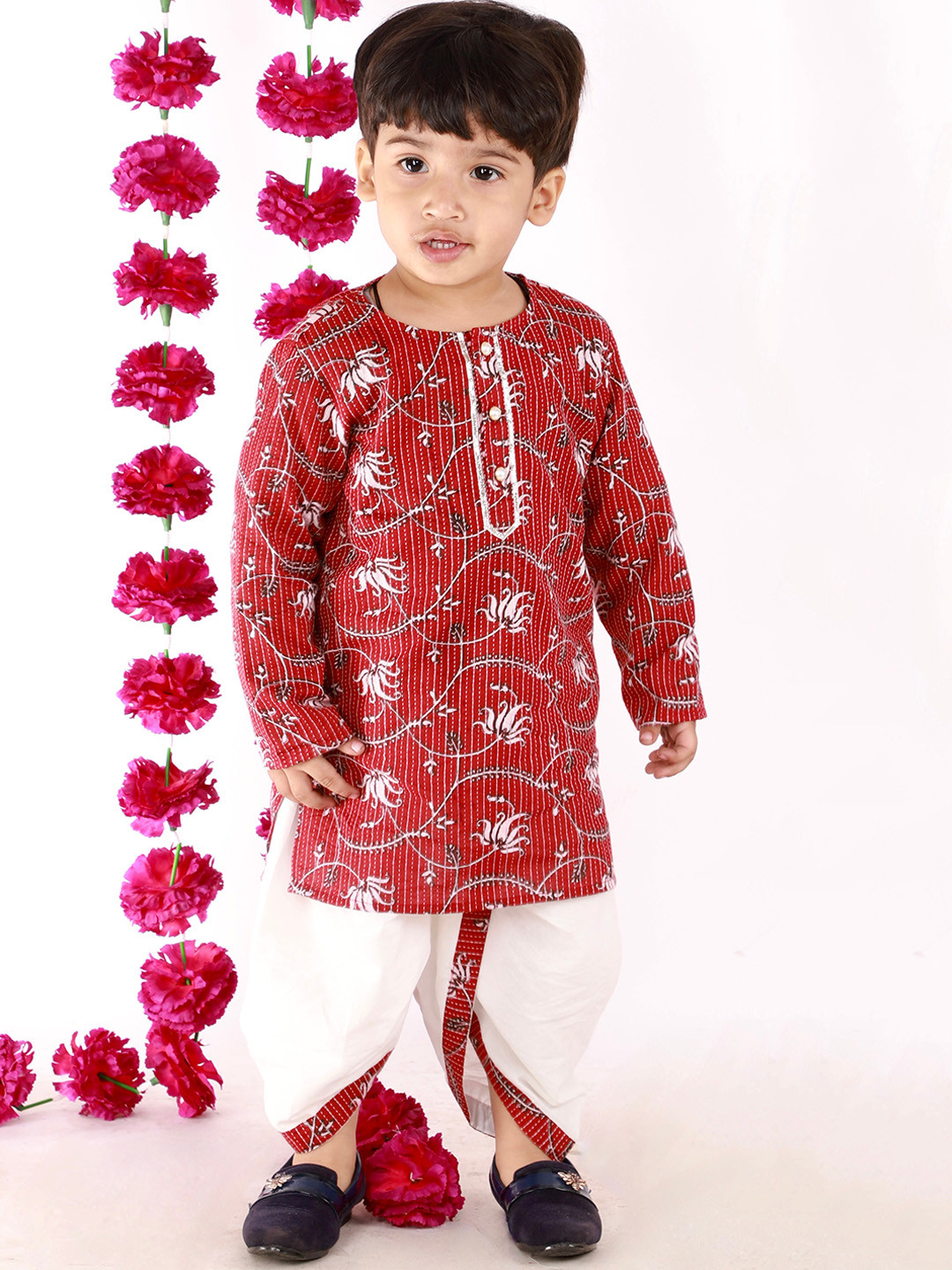 Little Bansi Boys Brown Floral Printed Pure Cotton Kurti with Dhoti Pants
