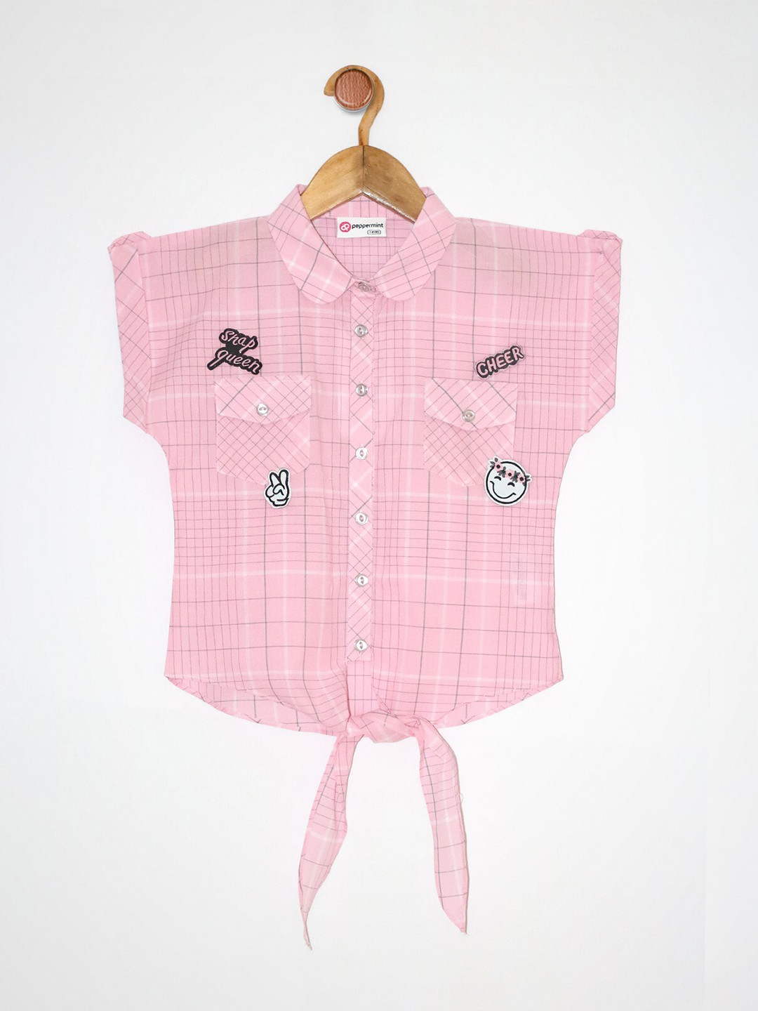 Peppermint Pink Girls Checked Applique Cotton Shirt Style Top