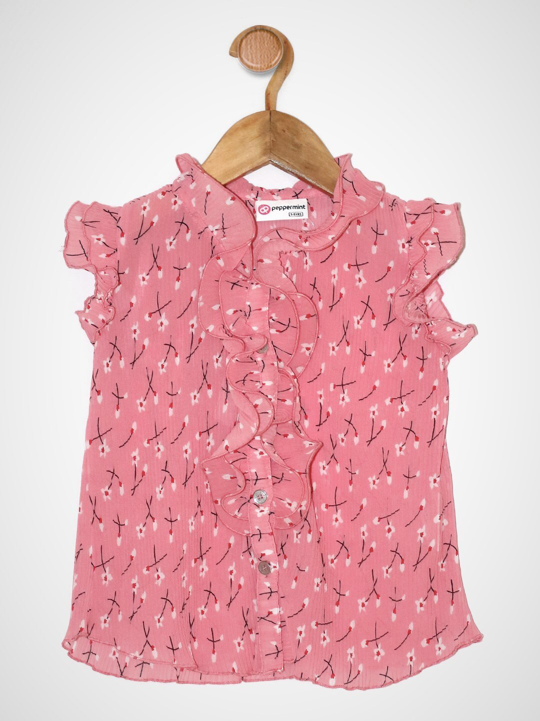 Peppermint Girls Pink & White Floral Print Ruffles Chiffon Shirt Style Top