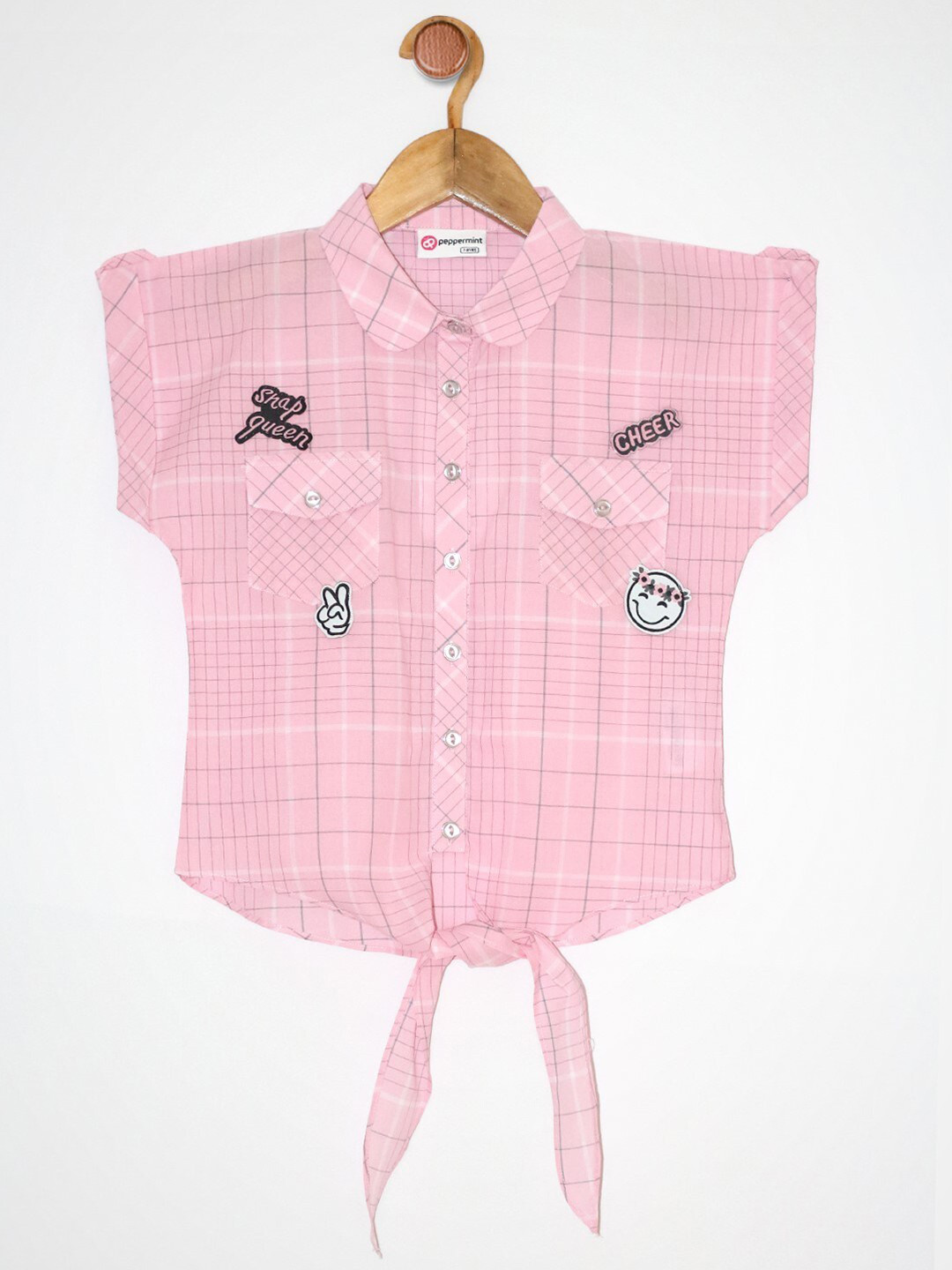 Peppermint Girls Pink Checked Extended Sleeves Shirt Style Top