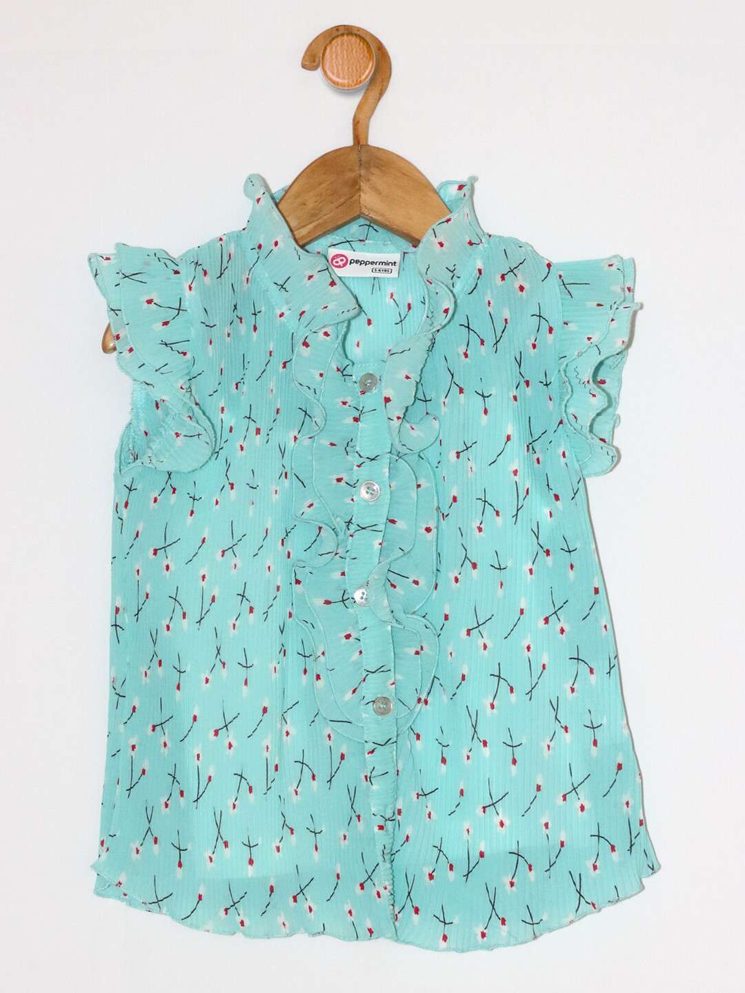 Peppermint Girls Turquoise Blue & White Floral Print Ruffles Chiffon Shirt Style Top