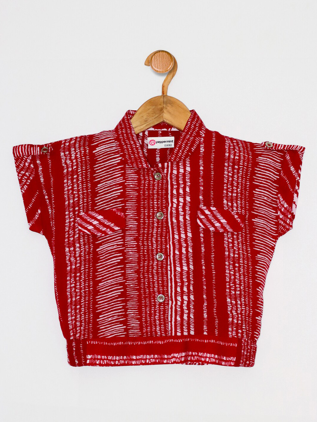 Peppermint Girls Red Print Mandarin Collar Extended Sleeves Top