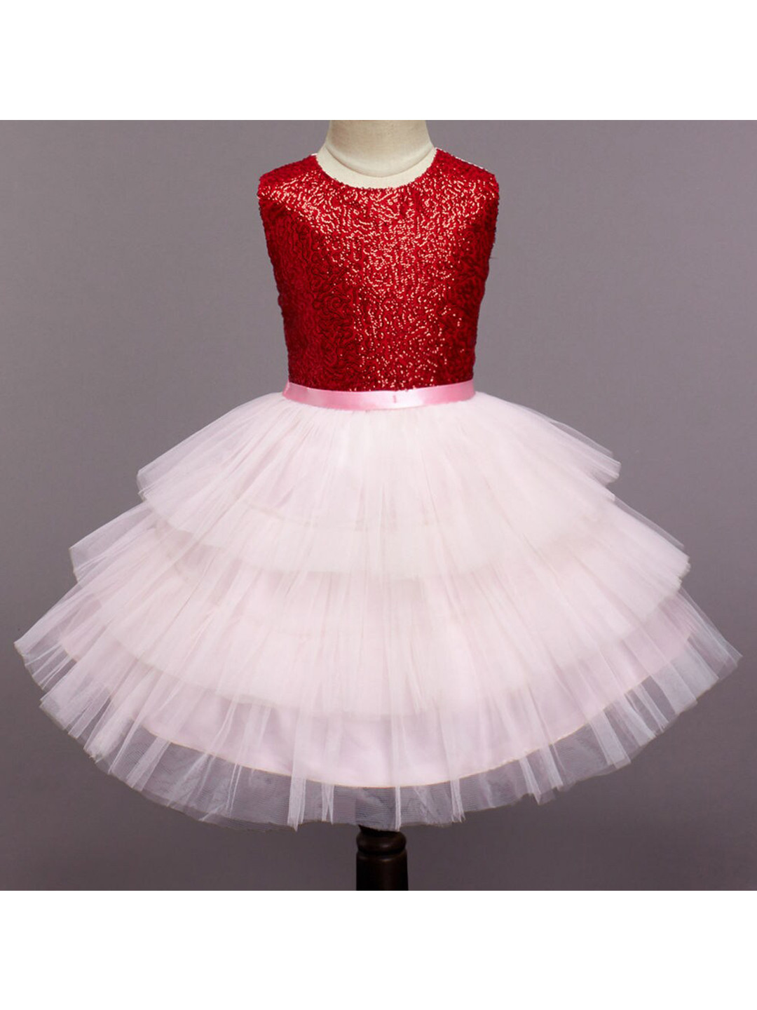 The Magic Wand Girls Pink & Red Embellished Tiered Dress